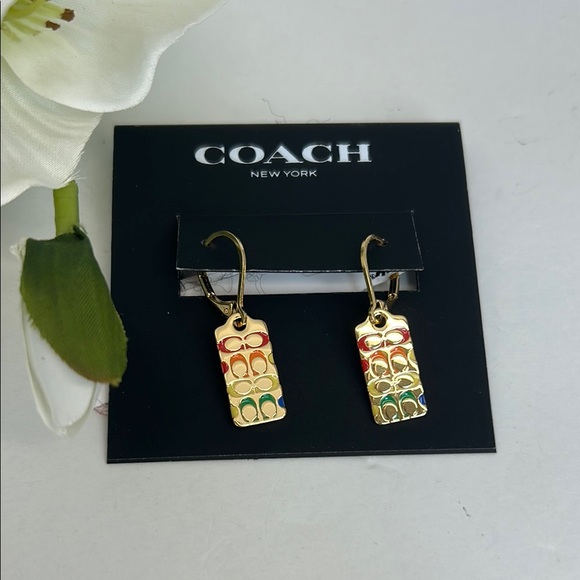 Coach Gold Dangle Earrings with Red,Orange,Yellow,Green “C’s” NWT! - Picture 8 of 13